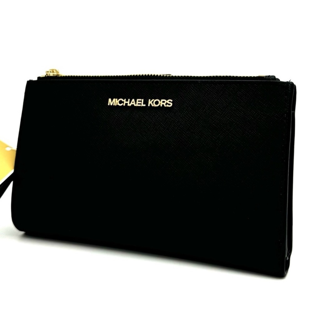 Michael Kors Large Double Zip Wallet Wristlet Black/Gold - Picture 3 of 9